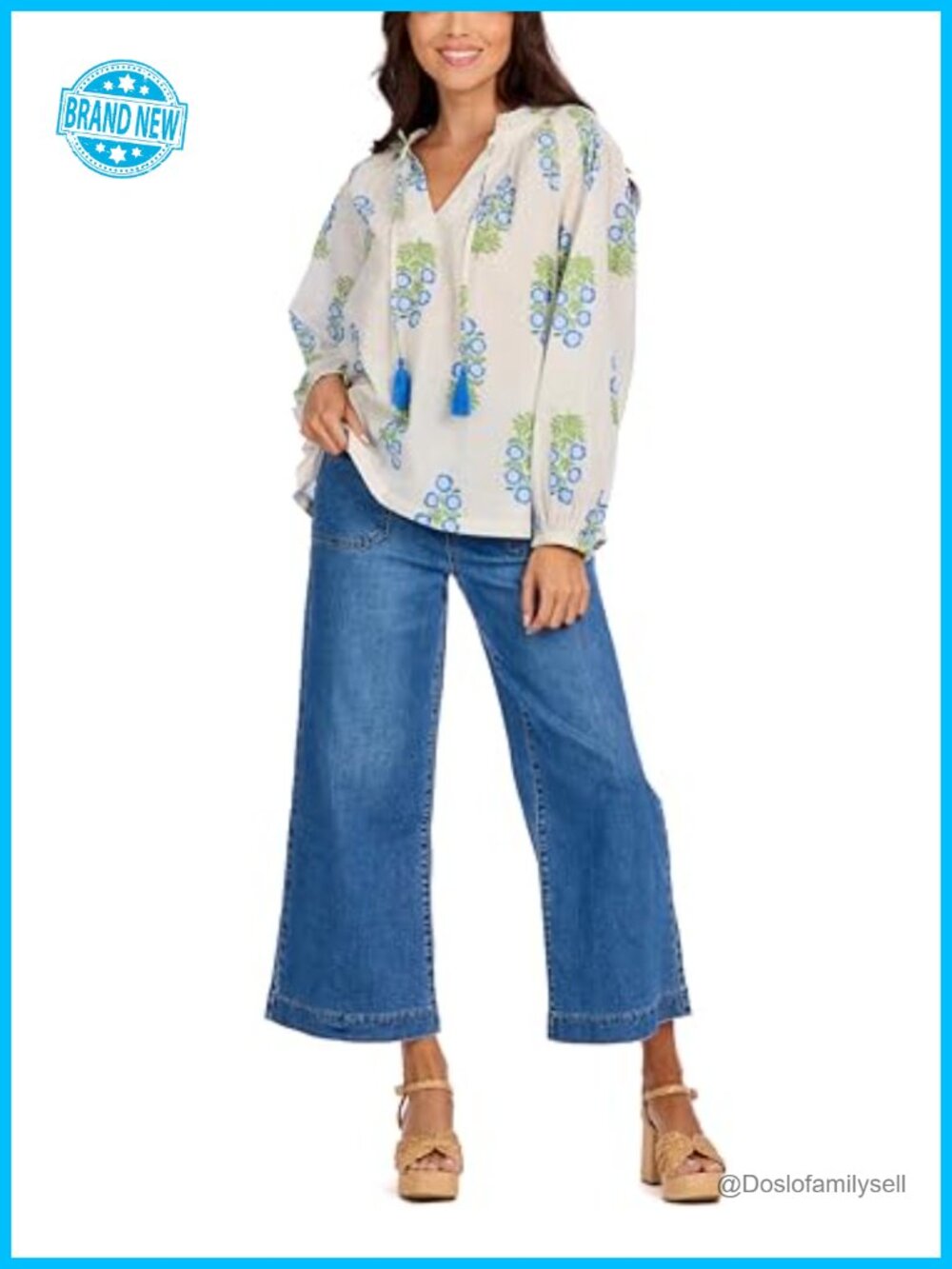 Mud Pie Jenaleigh Top Cotton Cambric V-Neck Ruffle Peasant Tunic Long Sleeve